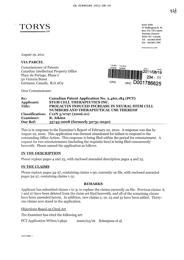 Canadian Patent Document 2460184. Prosecution-Amendment 20101219. Image 1 of 13