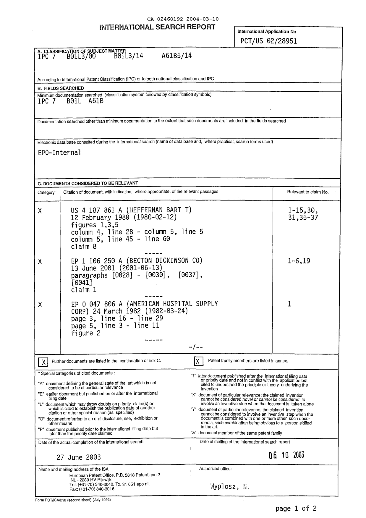 Document de brevet canadien 2460192. PCT 20031210. Image 1 de 5