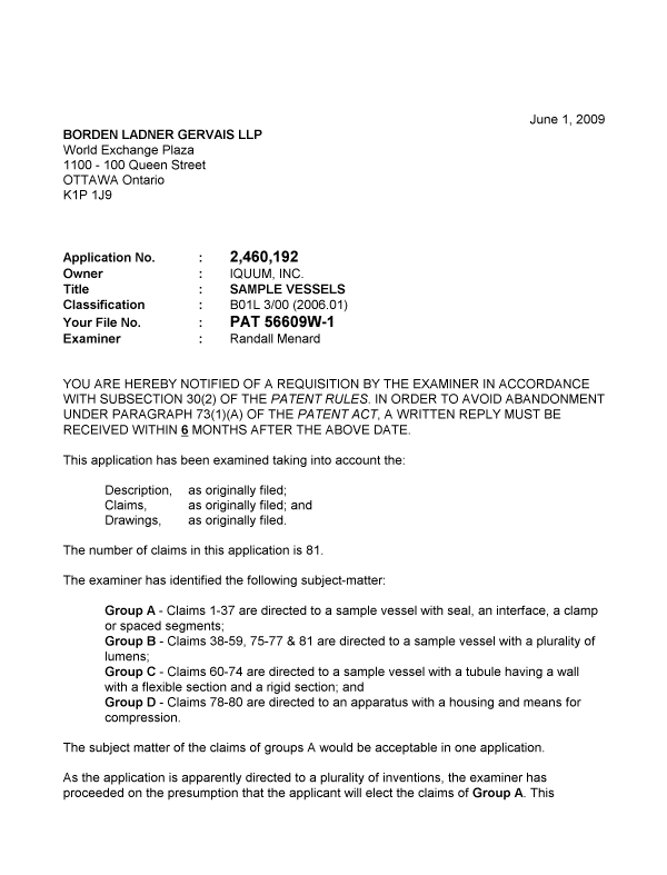 Canadian Patent Document 2460192. Prosecution-Amendment 20081201. Image 1 of 2