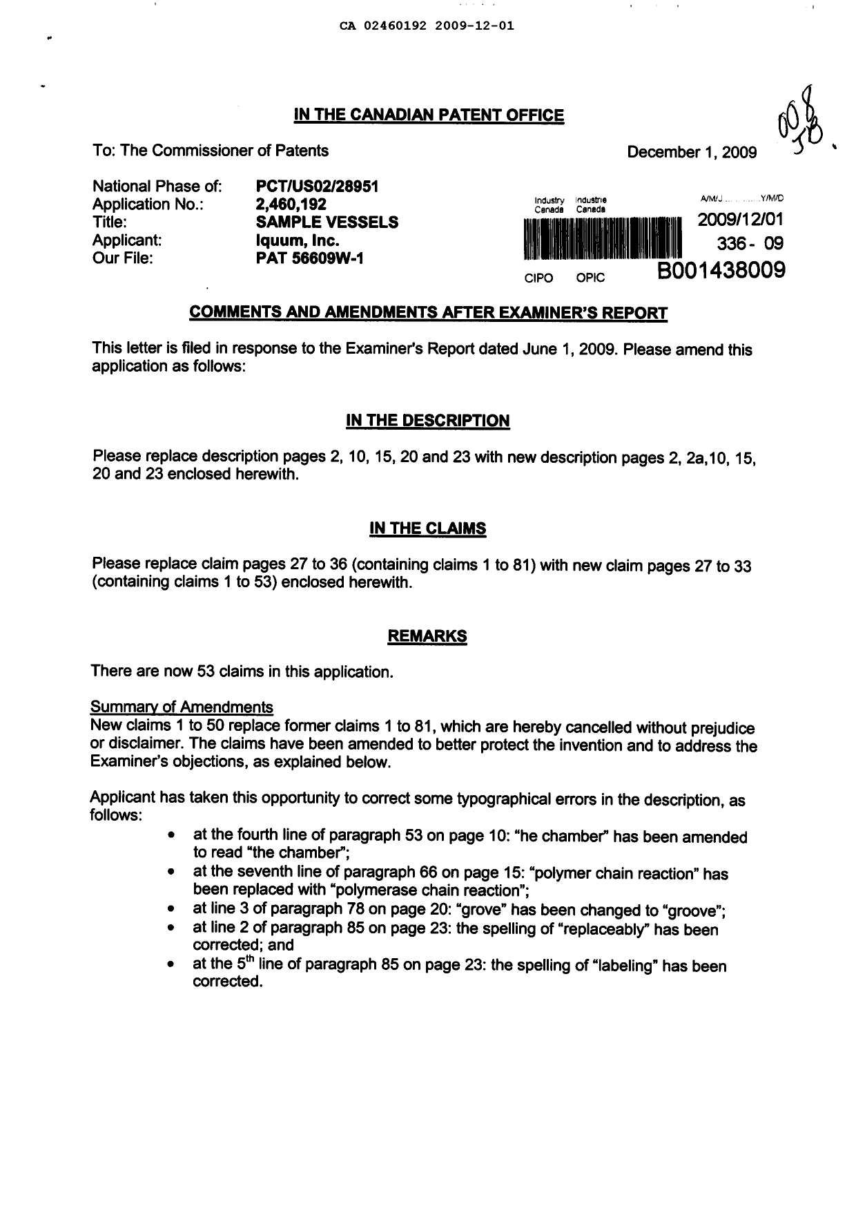 Document de brevet canadien 2460192. Poursuite-Amendment 20081201. Image 1 de 16