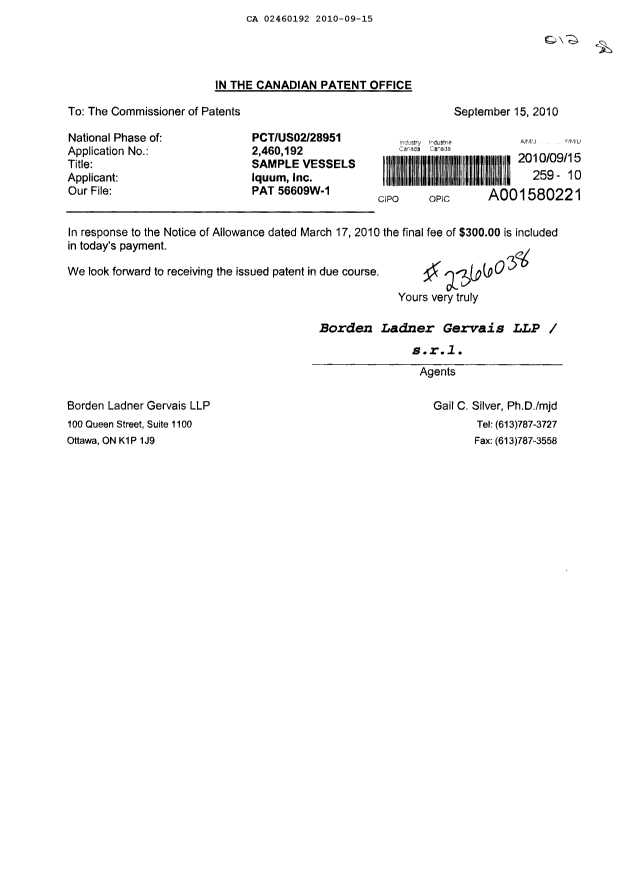 Document de brevet canadien 2460192. Correspondance 20091215. Image 1 de 1