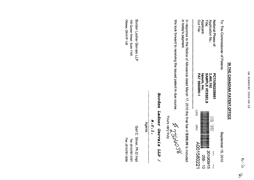 Canadian Patent Document 2460192. Correspondence 20091215. Image 1 of 1