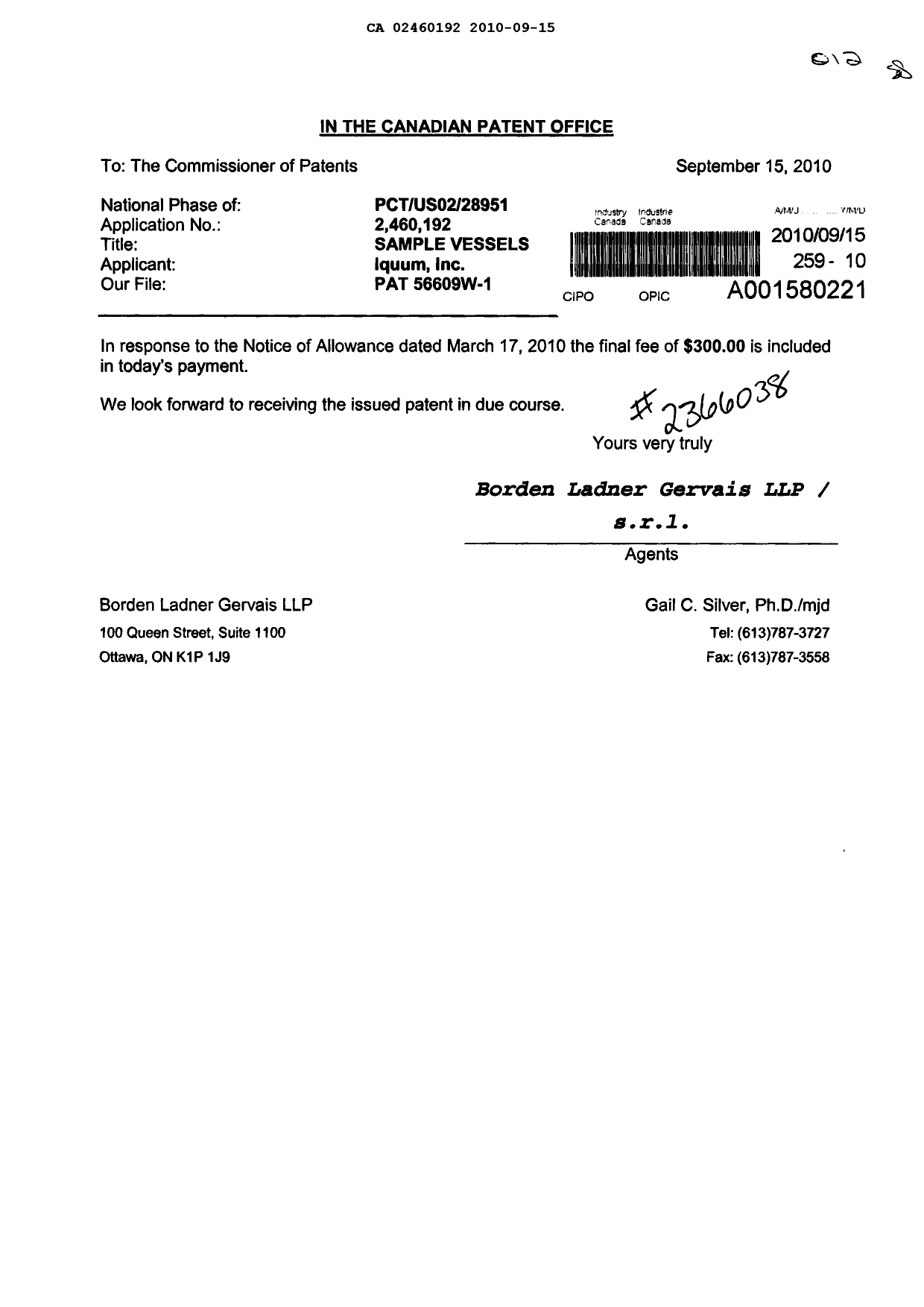 Document de brevet canadien 2460192. Correspondance 20091215. Image 1 de 1
