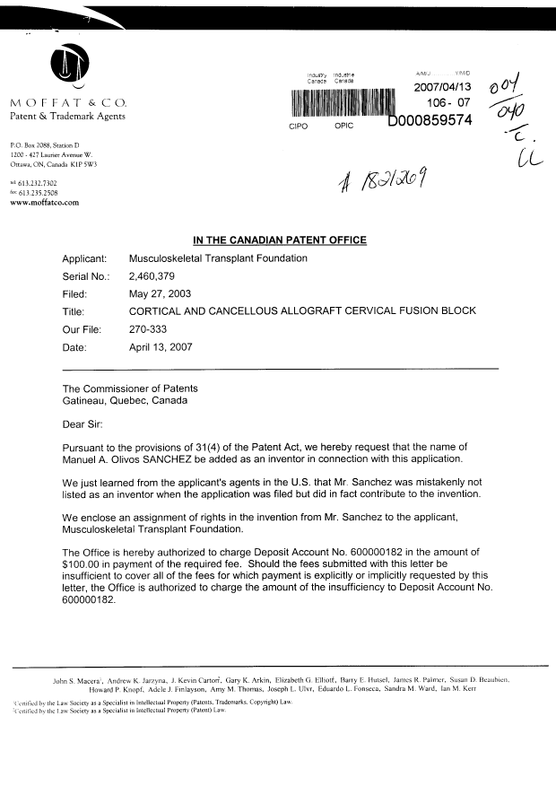 Canadian Patent Document 2460379. Correspondence 20070413. Image 1 of 2