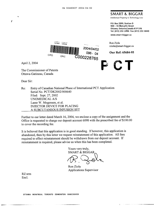 Document de brevet canadien 2460637. Cession 20040402. Image 1 de 2