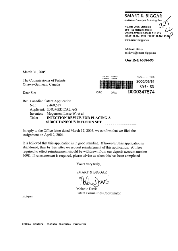 Document de brevet canadien 2460637. Cession 20050331. Image 1 de 1