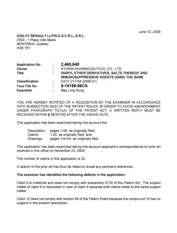 Canadian Patent Document 2460640. Prosecution-Amendment 20090612. Image 1 of 2