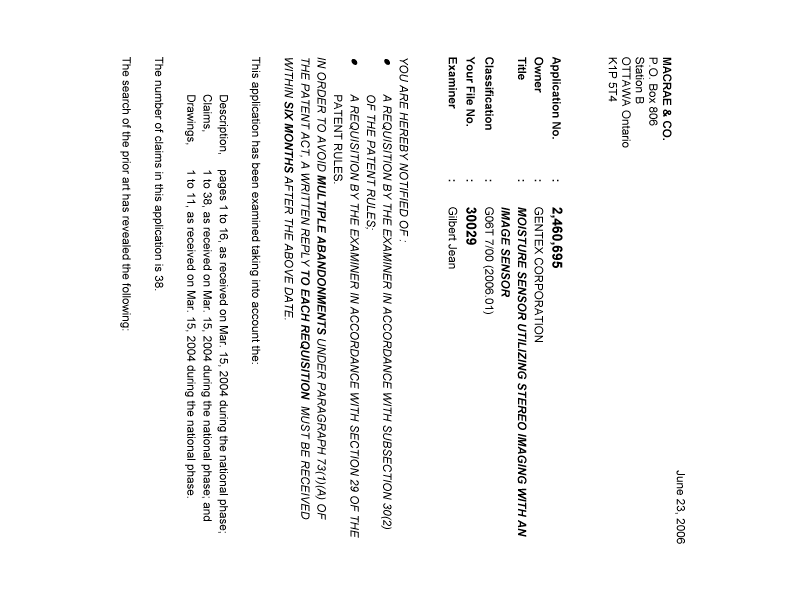 Canadian Patent Document 2460695. Prosecution-Amendment 20060623. Image 1 of 4