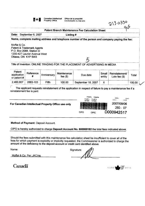 Canadian Patent Document 2460807. Fees 20070906. Image 1 of 1