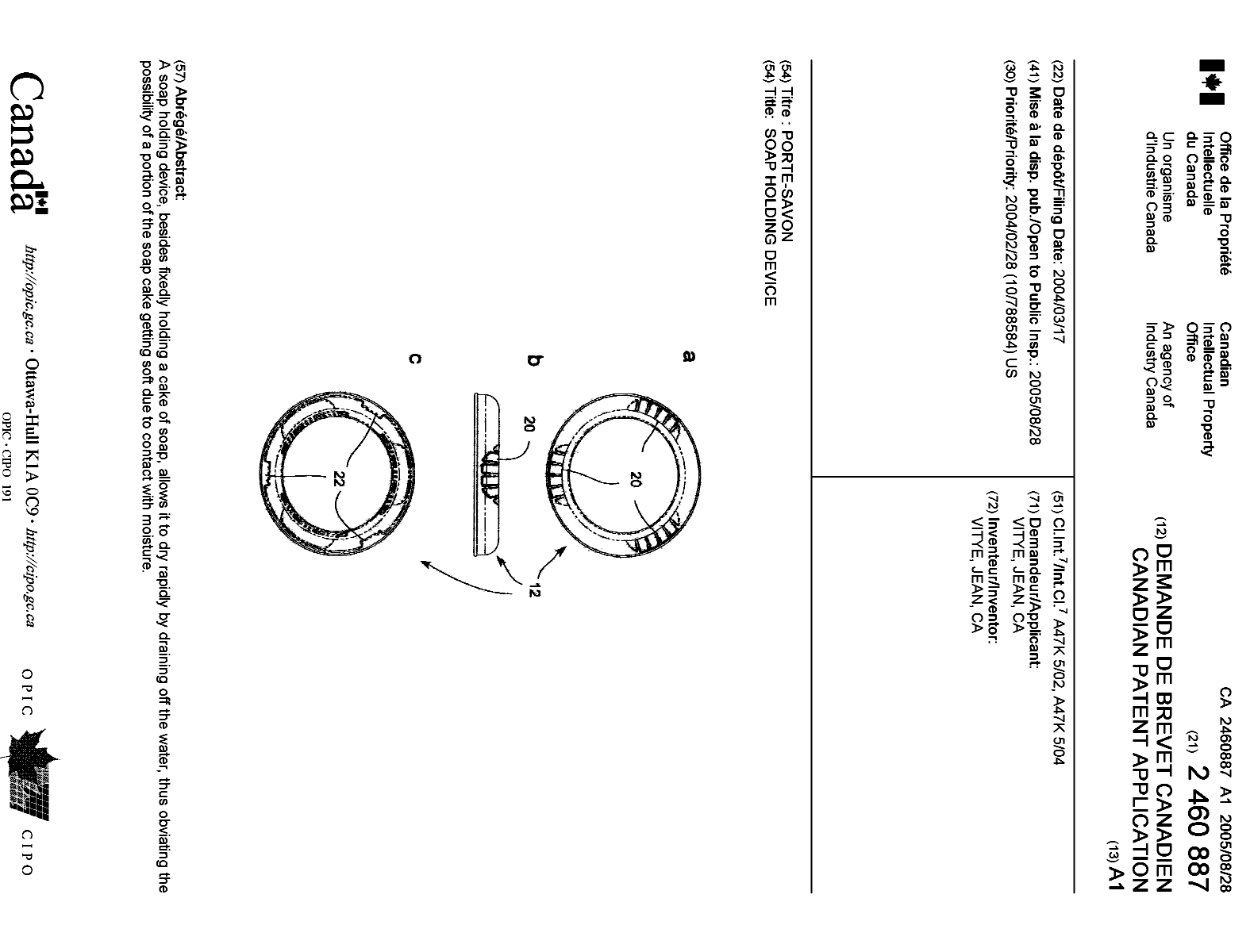 Document de brevet canadien 2460887. Page couverture 20041212. Image 1 de 1