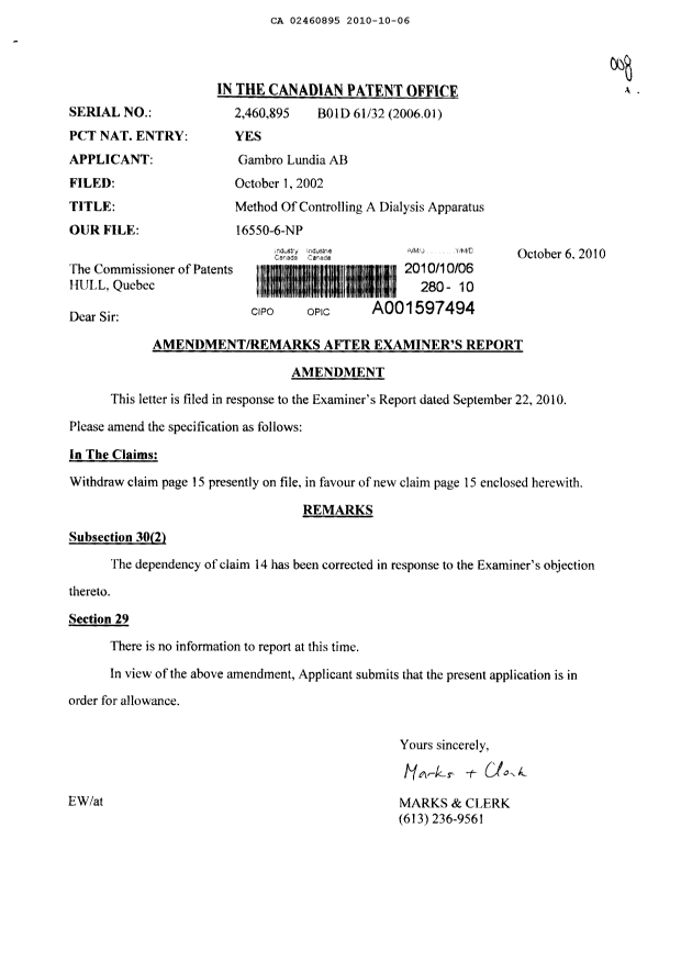 Canadian Patent Document 2460895. Prosecution-Amendment 20101006. Image 1 of 2
