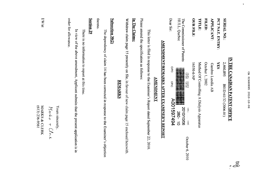 Canadian Patent Document 2460895. Prosecution-Amendment 20101006. Image 1 of 2