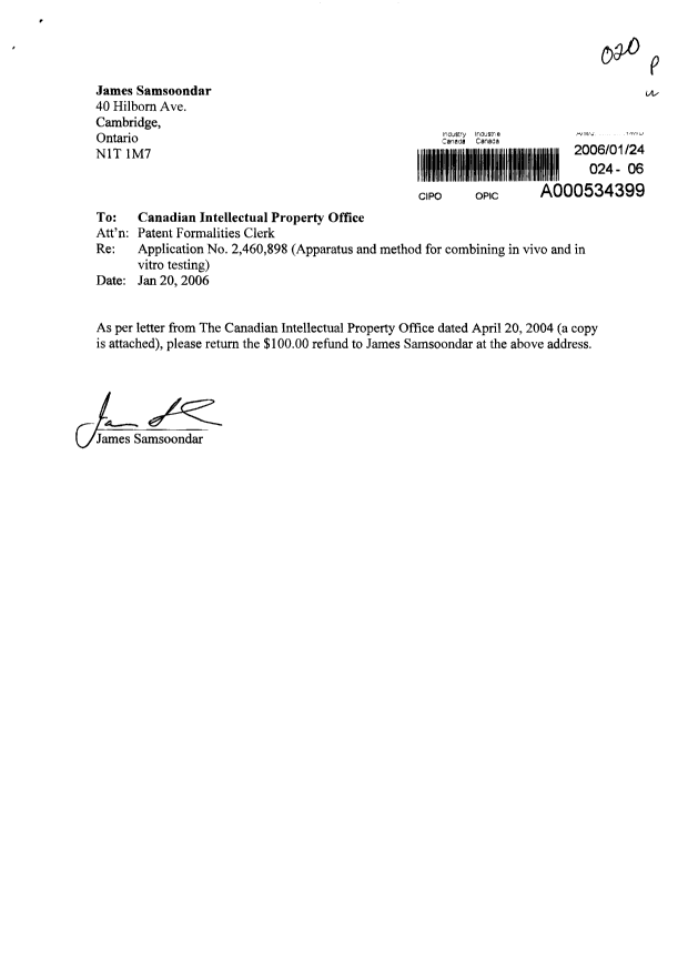Document de brevet canadien 2460898. Correspondance 20060124. Image 1 de 2
