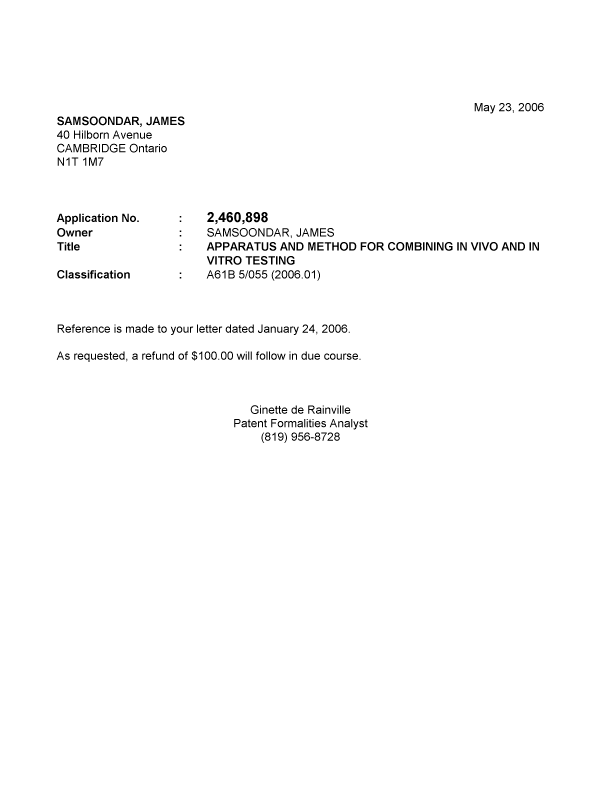 Document de brevet canadien 2460898. Correspondance 20060517. Image 1 de 1