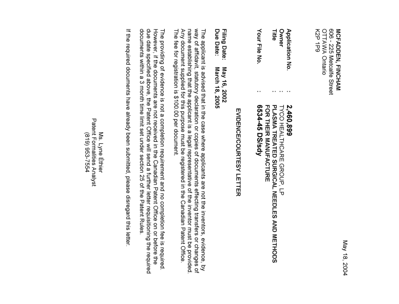 Canadian Patent Document 2460899. Correspondence 20040513. Image 1 of 1