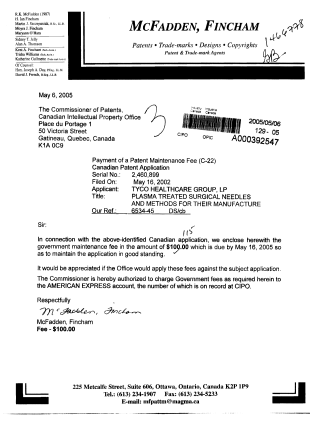 Document de brevet canadien 2460899. Taxes 20050506. Image 1 de 1