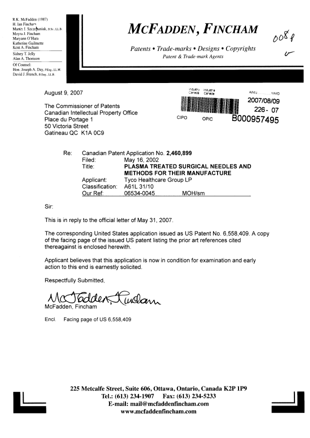 Document de brevet canadien 2460899. Poursuite-Amendment 20070809. Image 1 de 1