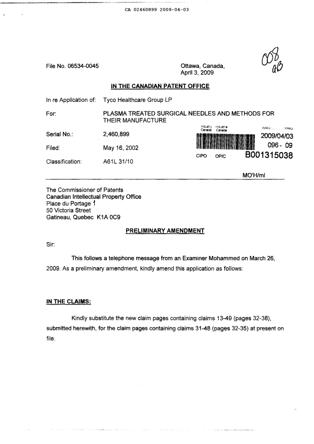 Canadian Patent Document 2460899. Prosecution-Amendment 20090403. Image 1 of 9
