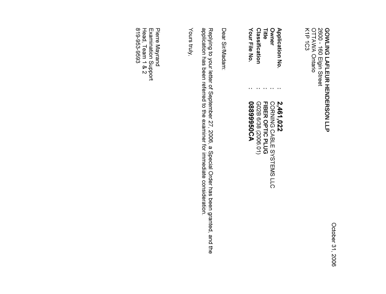 Canadian Patent Document 2461022. Prosecution-Amendment 20061031. Image 1 of 1