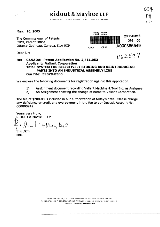 Document de brevet canadien 2461053. Cession 20050316. Image 1 de 13