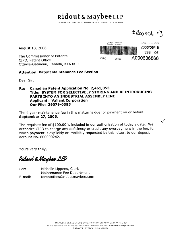 Document de brevet canadien 2461053. Taxes 20060818. Image 1 de 1