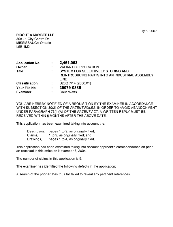 Document de brevet canadien 2461053. Poursuite-Amendment 20070706. Image 1 de 2