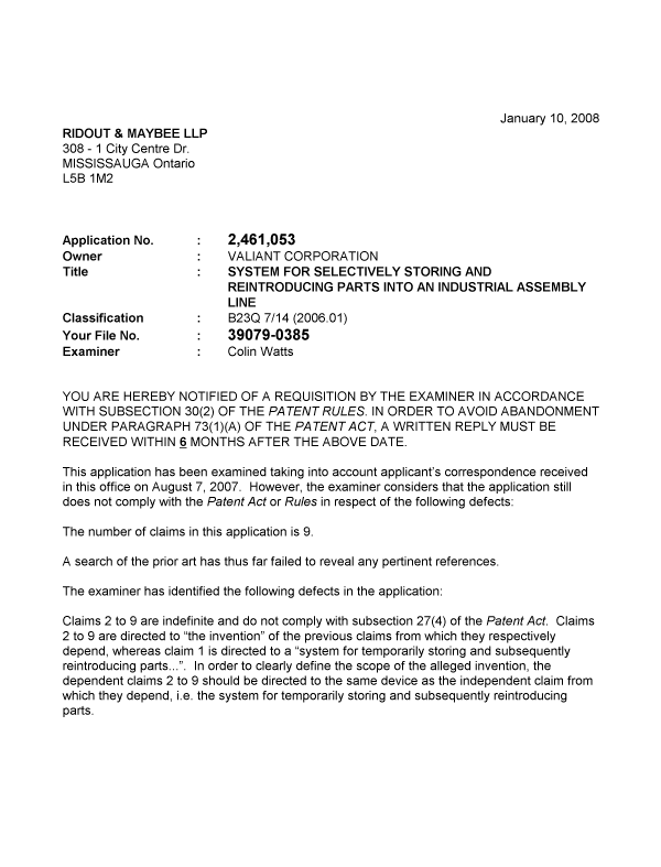Document de brevet canadien 2461053. Poursuite-Amendment 20080110. Image 1 de 2