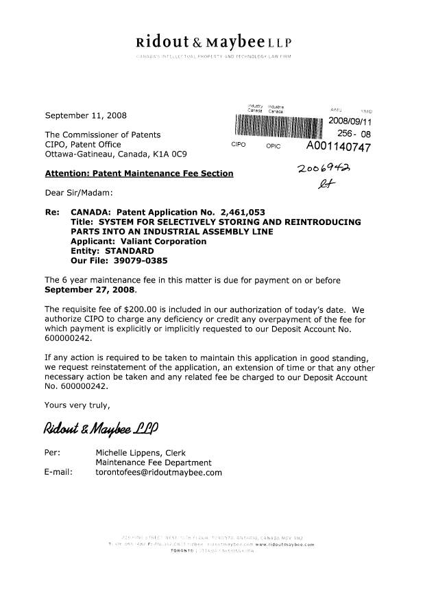 Document de brevet canadien 2461053. Taxes 20080911. Image 1 de 1
