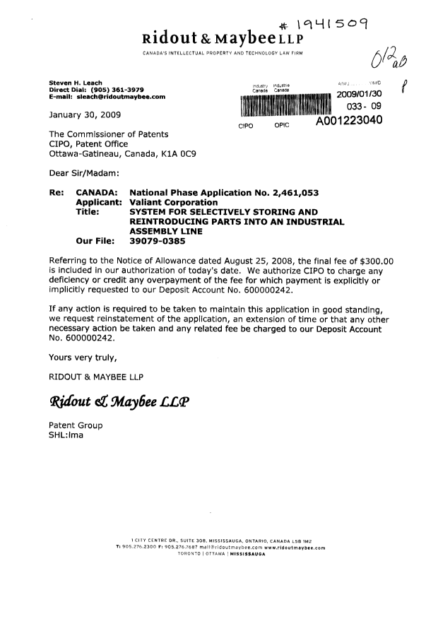 Document de brevet canadien 2461053. Correspondance 20090130. Image 1 de 1