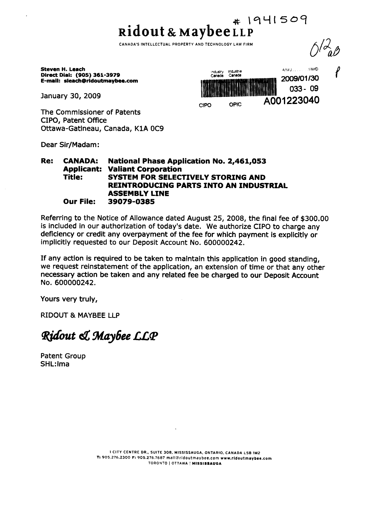 Canadian Patent Document 2461053. Correspondence 20090130. Image 1 of 1