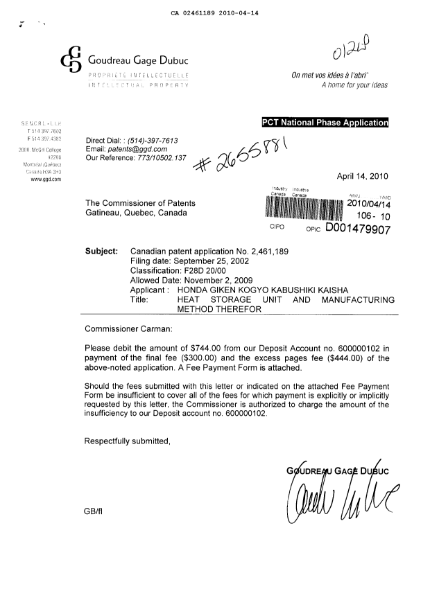 Canadian Patent Document 2461189. Correspondence 20100414. Image 1 of 1