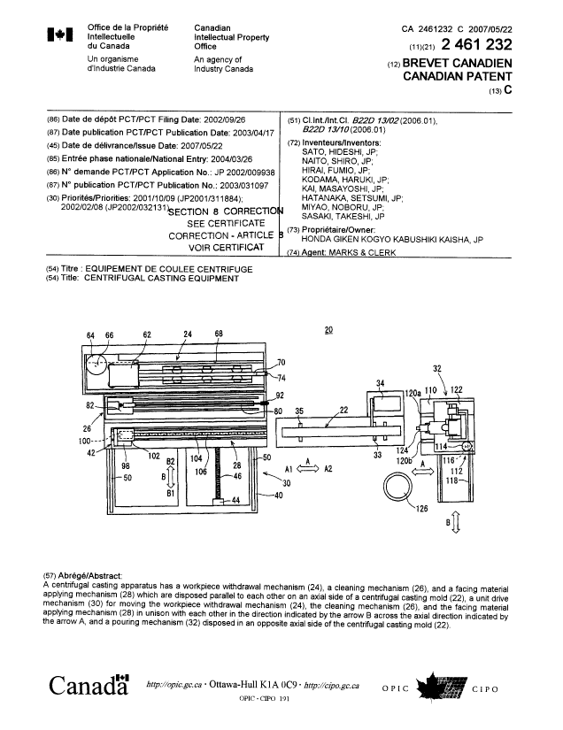 Canadian Patent Document 2461232. Cover Page 20070919. Image 1 of 2