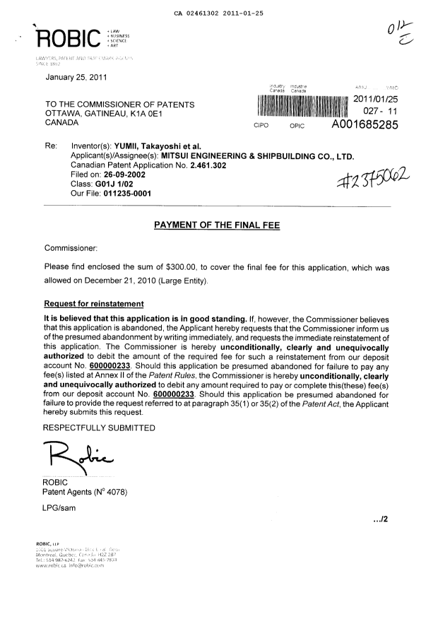 Canadian Patent Document 2461302. Correspondence 20110125. Image 1 of 2