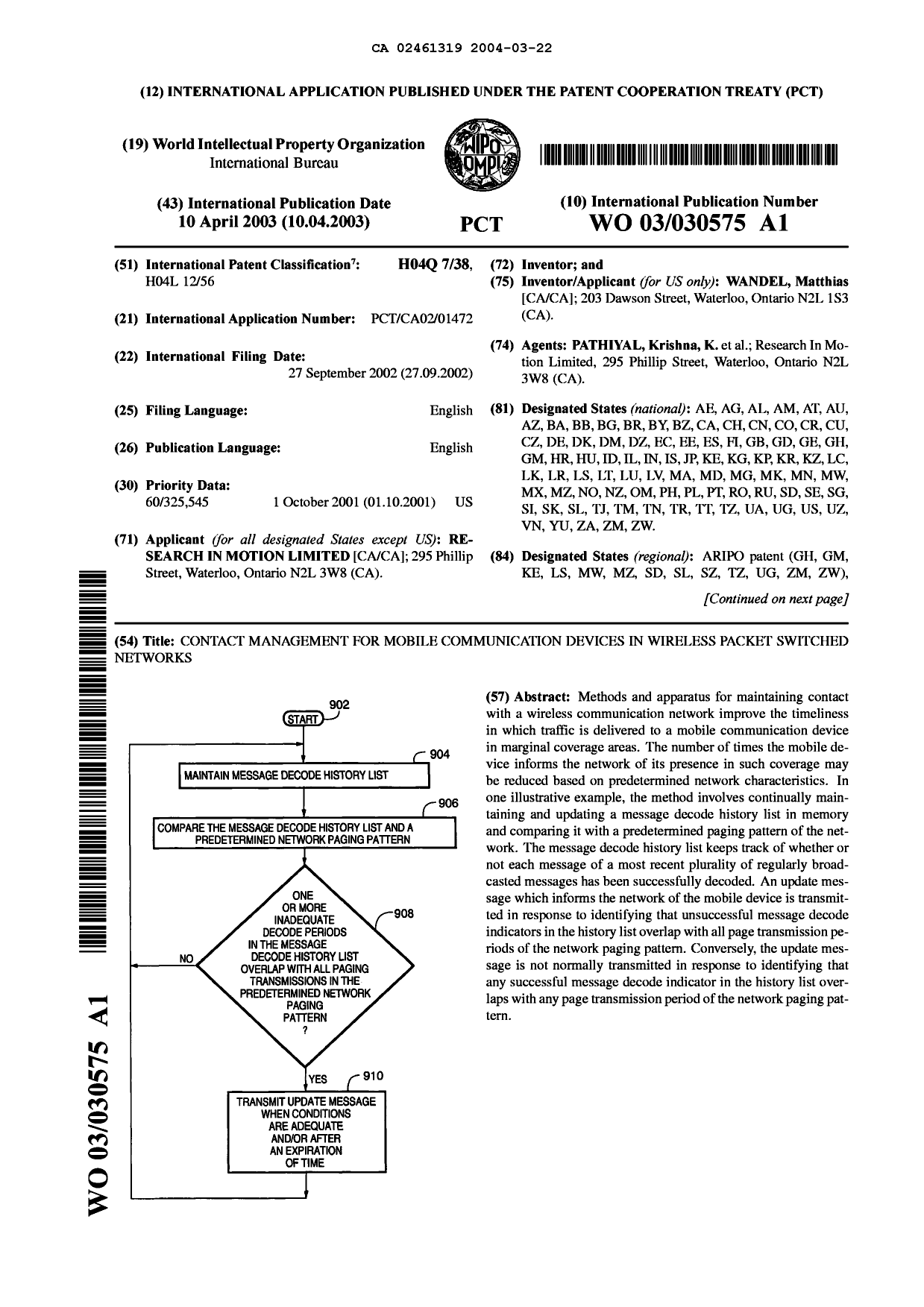 Canadian Patent Document 2461319. Abstract 20040322. Image 1 of 2