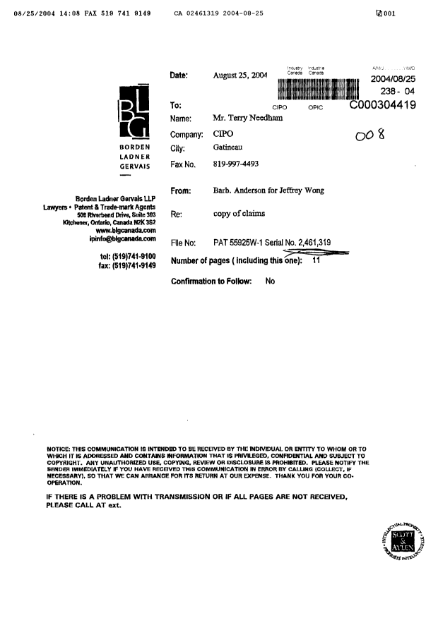 Canadian Patent Document 2461319. Prosecution-Amendment 20040825. Image 1 of 11