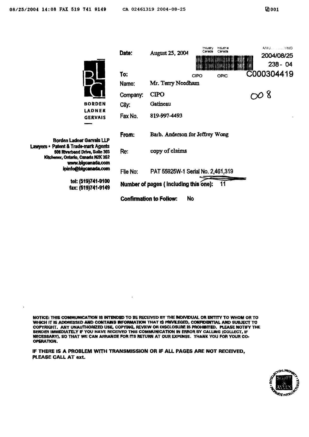 Canadian Patent Document 2461319. Prosecution-Amendment 20040825. Image 1 of 11