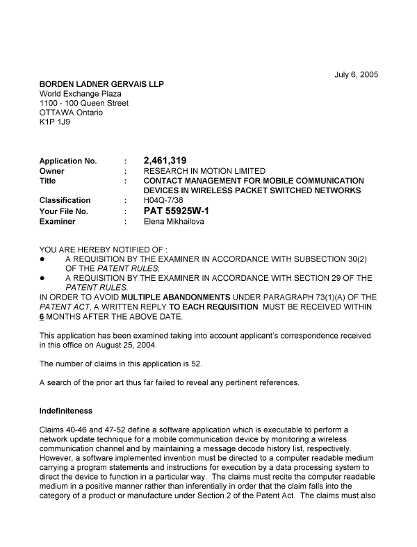 Canadian Patent Document 2461319. Prosecution-Amendment 20050706. Image 1 of 2