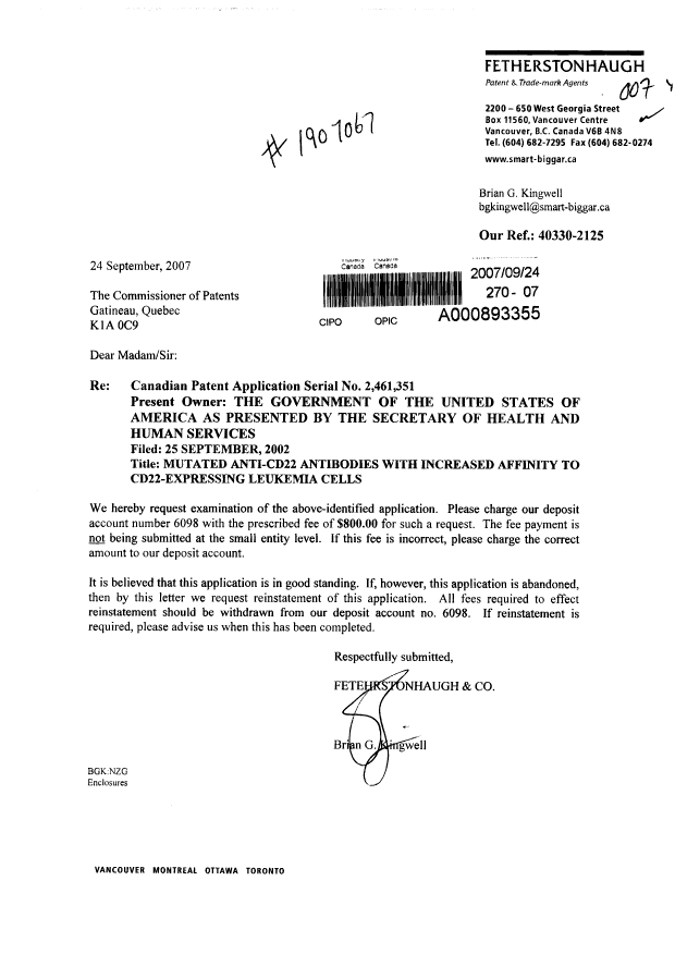 Document de brevet canadien 2461351. Poursuite-Amendment 20070924. Image 1 de 1