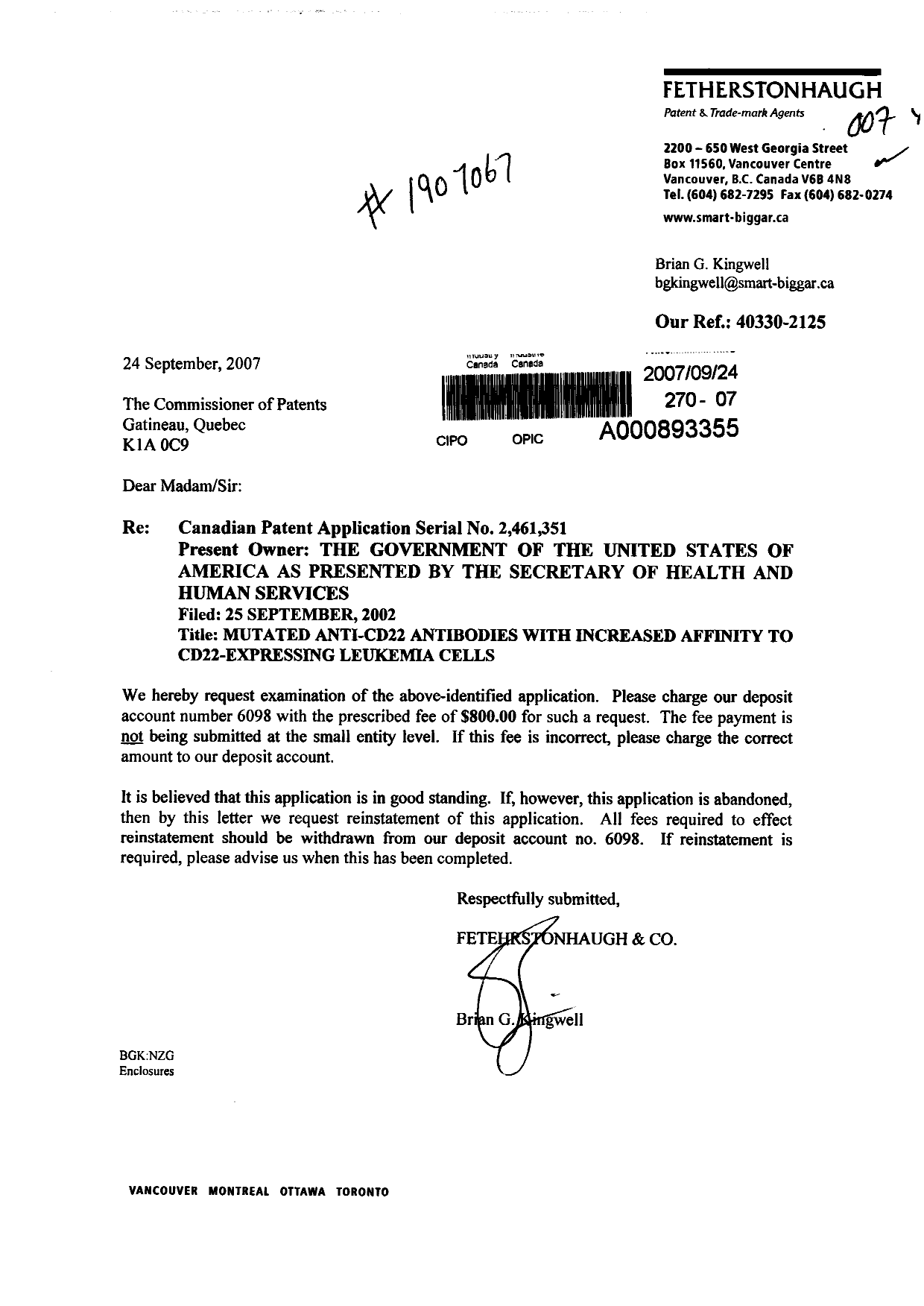 Canadian Patent Document 2461351. Prosecution-Amendment 20070924. Image 1 of 1