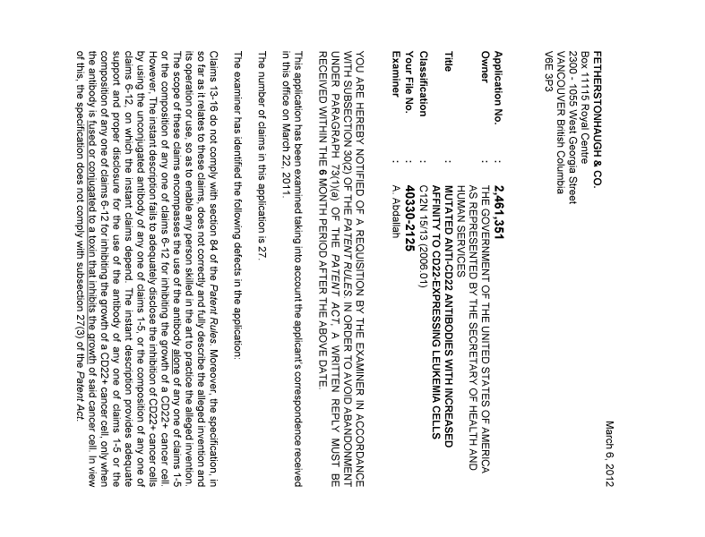 Canadian Patent Document 2461351. Prosecution-Amendment 20120306. Image 1 of 2