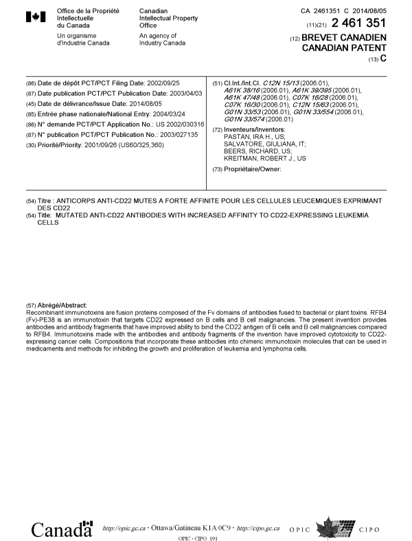Canadian Patent Document 2461351. Cover Page 20140709. Image 1 of 2