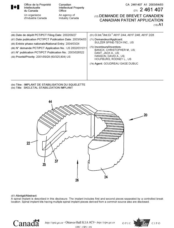 Canadian Patent Document 2461407. Cover Page 20031221. Image 1 of 1