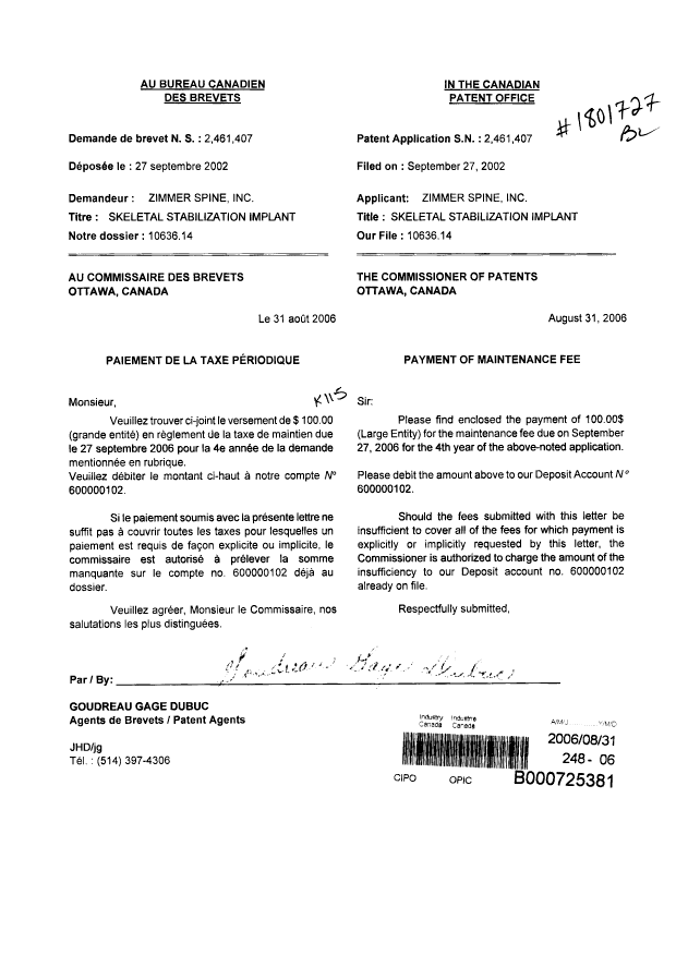 Canadian Patent Document 2461407. Fees 20051231. Image 1 of 1