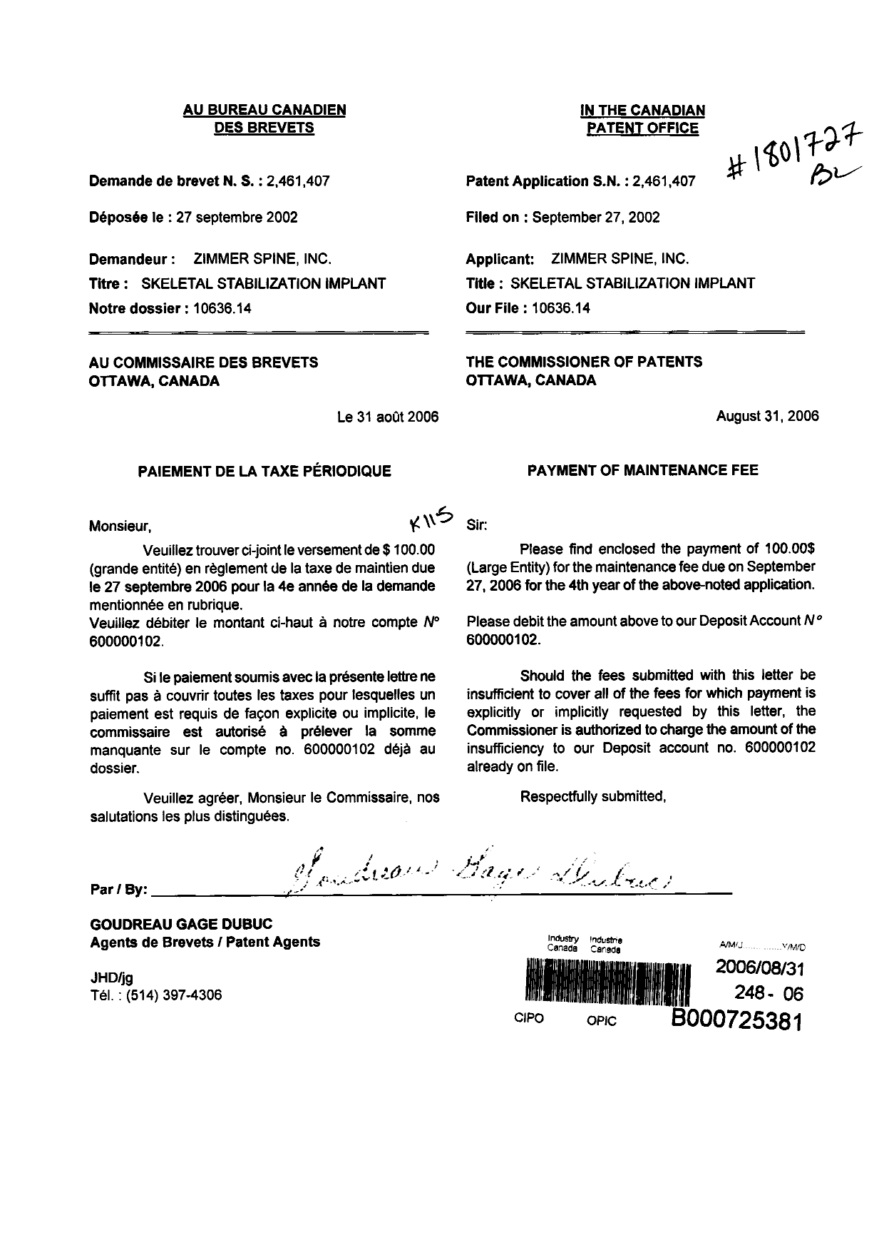 Document de brevet canadien 2461407. Taxes 20051231. Image 1 de 1