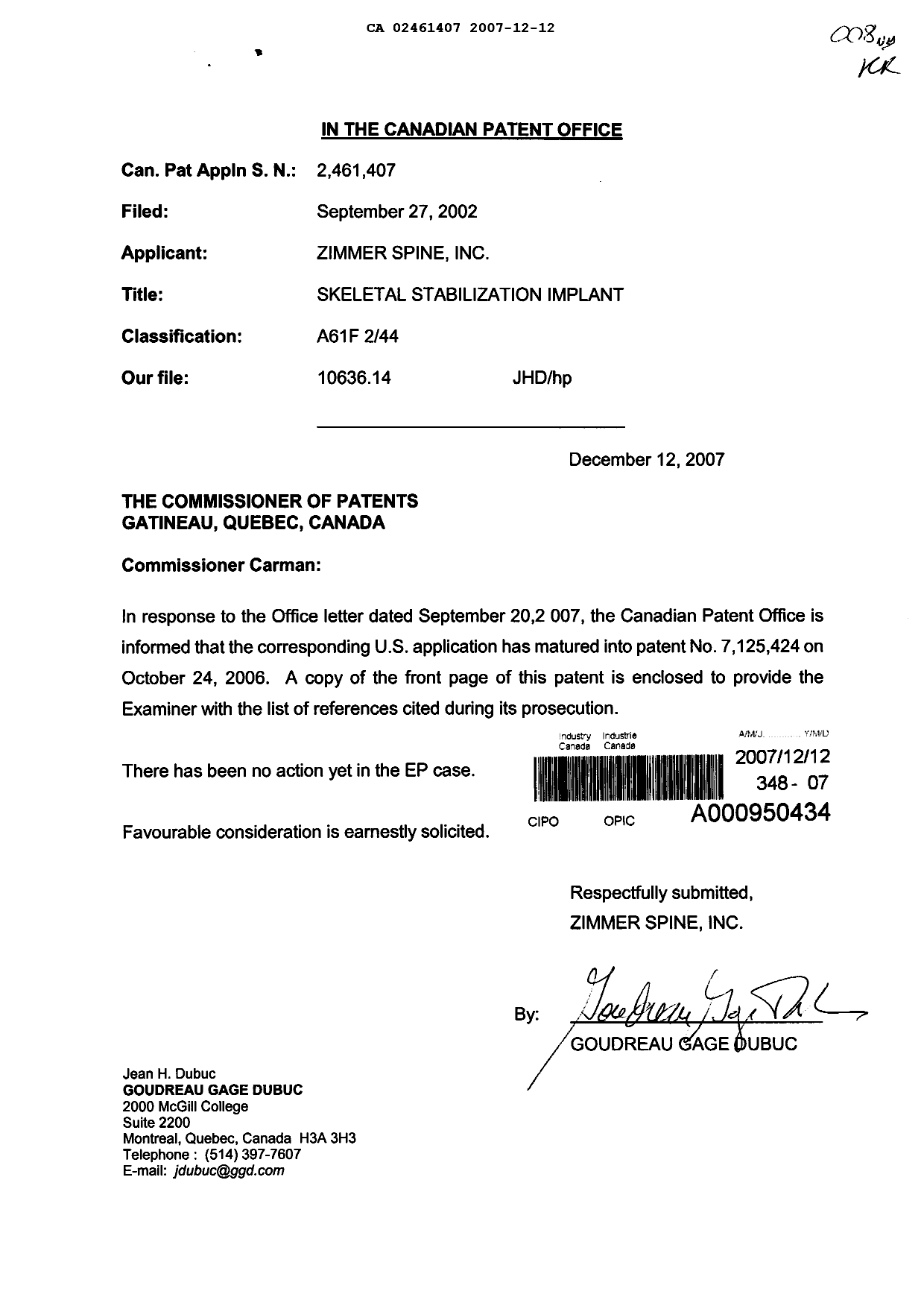 Document de brevet canadien 2461407. Poursuite-Amendment 20061212. Image 1 de 1