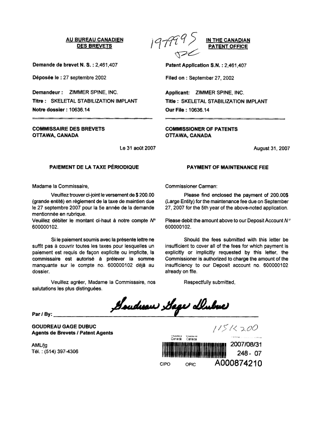 Document de brevet canadien 2461407. Taxes 20061231. Image 1 de 1