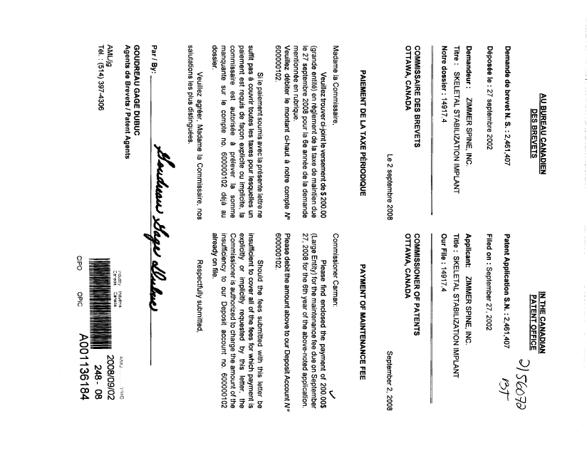 Document de brevet canadien 2461407. Taxes 20071202. Image 1 de 1