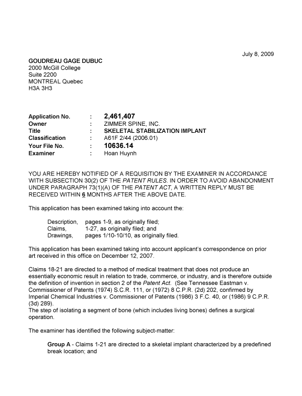 Canadian Patent Document 2461407. Prosecution-Amendment 20081208. Image 1 of 3