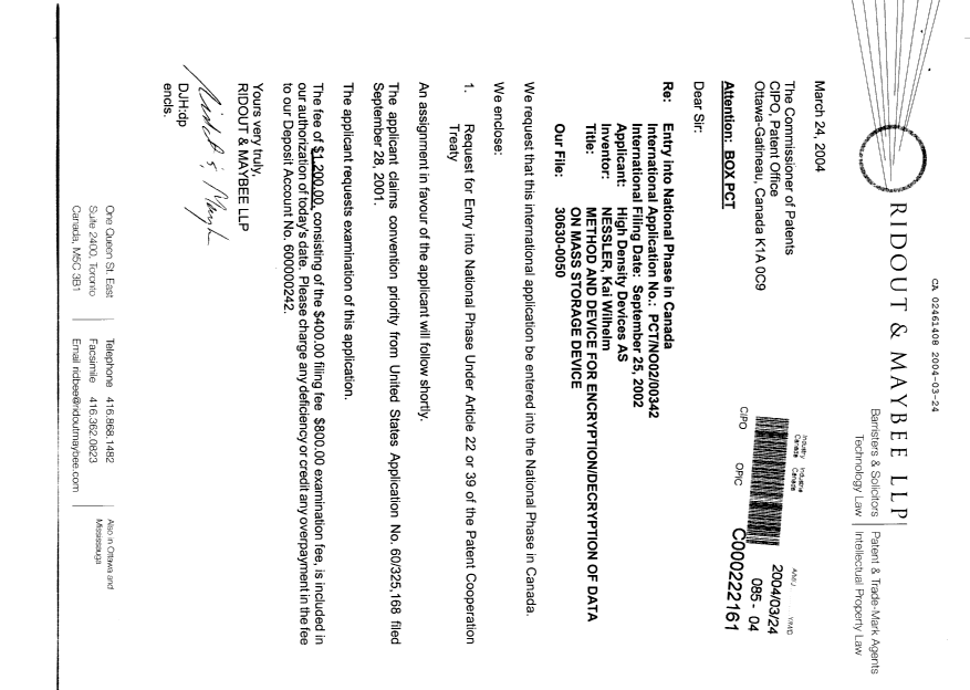 Document de brevet canadien 2461408. Cession 20040324. Image 1 de 3