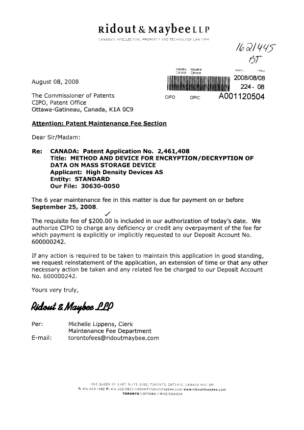 Canadian Patent Document 2461408. Fees 20080808. Image 1 of 1